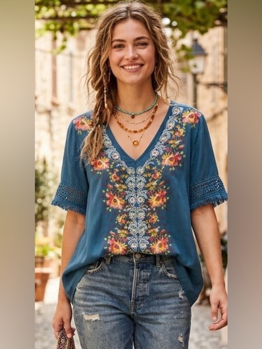 Sundance “Rossi” Embroidered V-Neck Boho Top - Blue Size Med